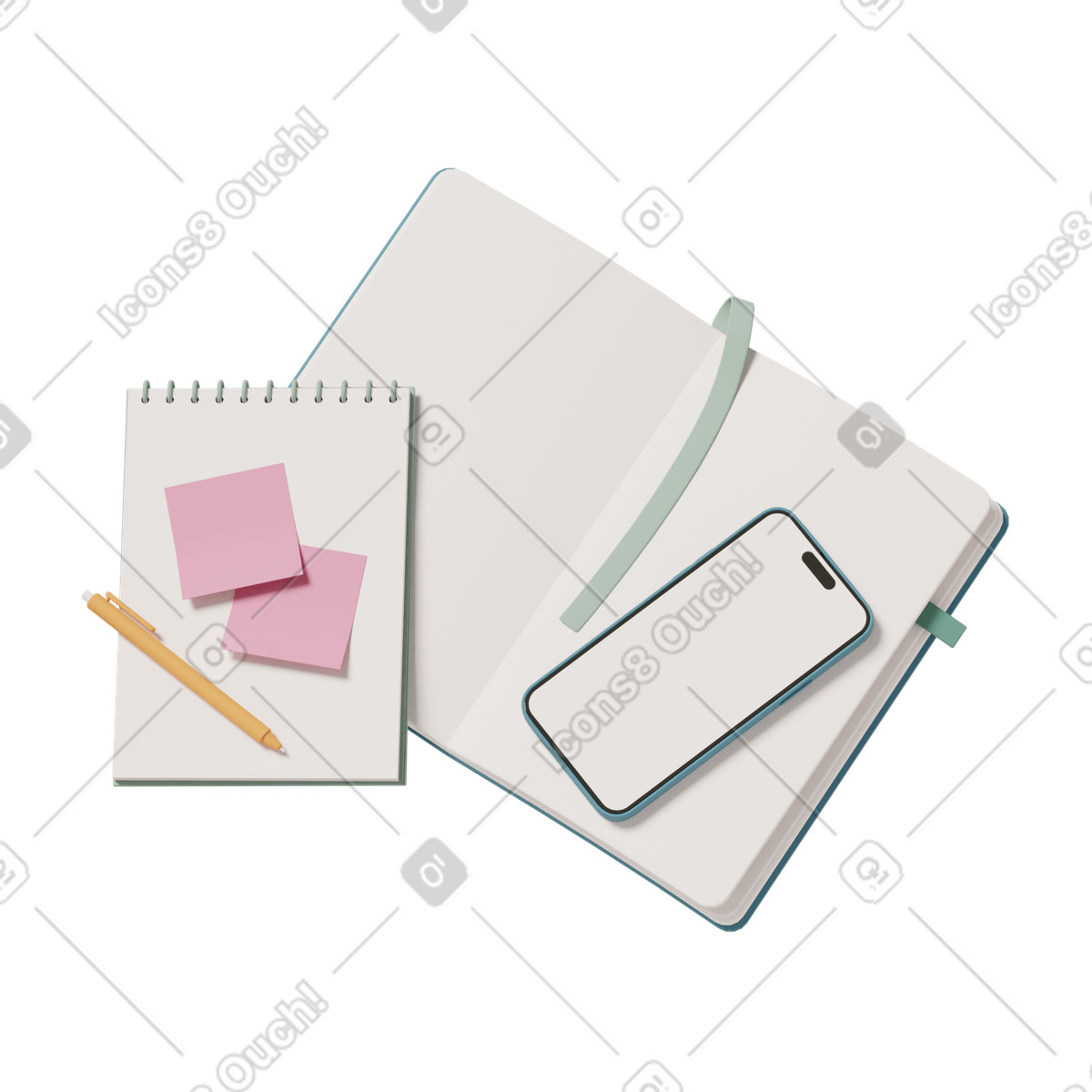 Notebook with sticky notes notepad and phone illustration in 3D Casual life style download in PNG, SVG