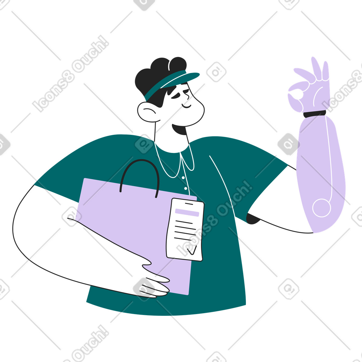 Ilustração de Delivery worker with prosthetic arm holding package, Disability inclusion in workplace em no estilo Sammy Line para baixar em PNG, SVG