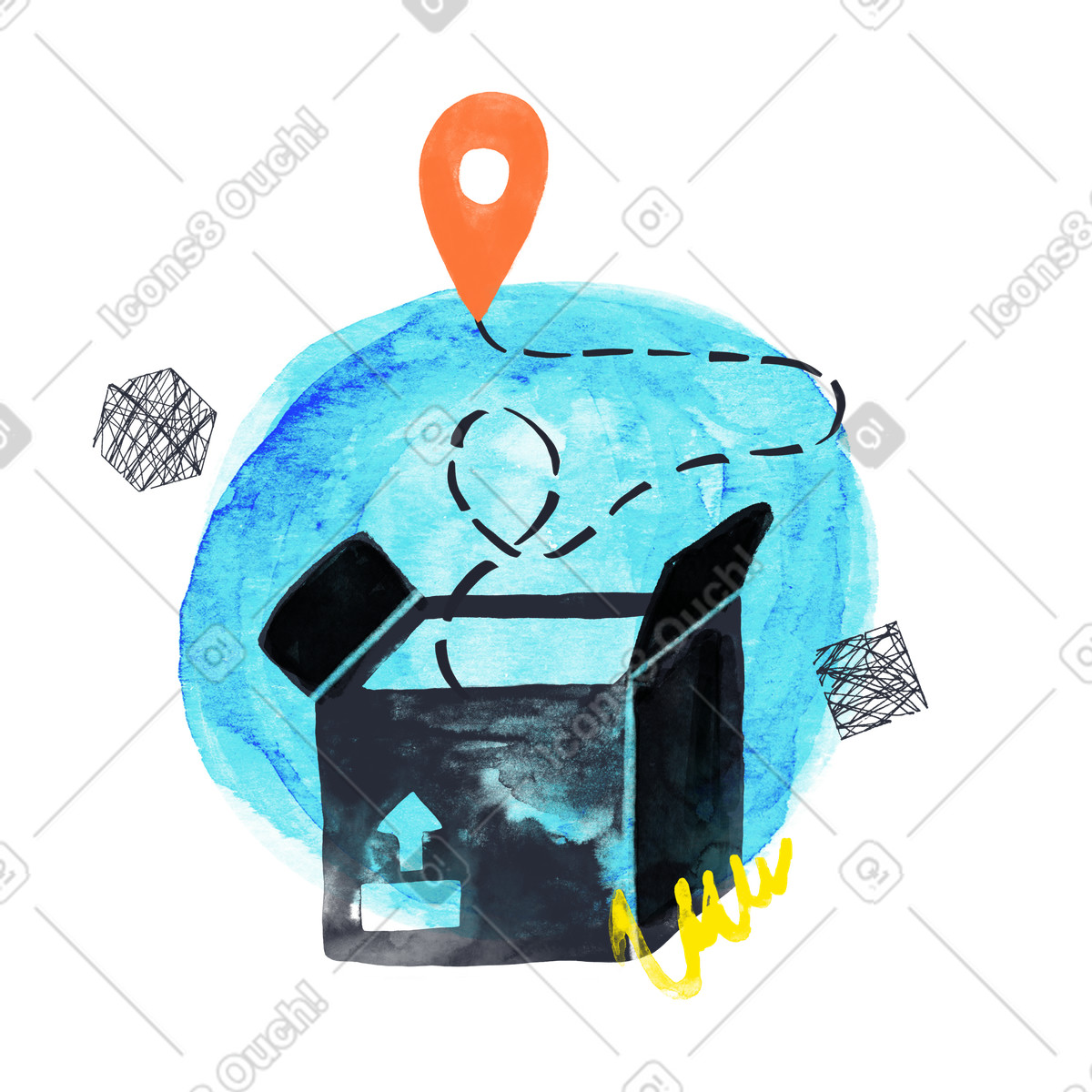 Ilustración Servicio de mudanza cajas con símbolo gps en estilo Inky a descargar en PNG y SVG