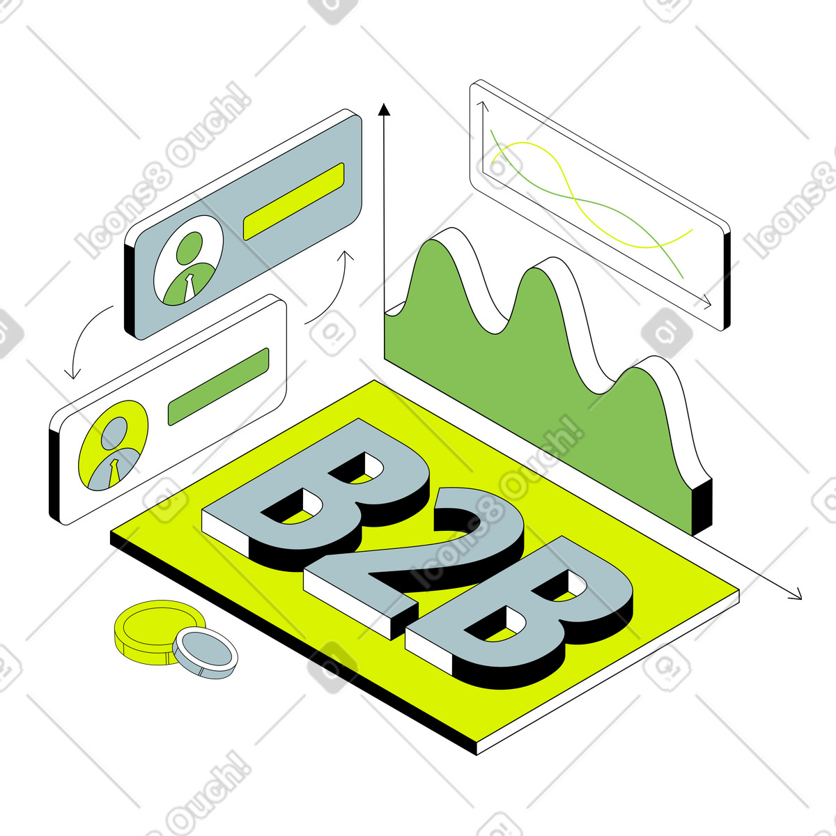 Isometric スタイルの ビジネスマンのユーザーサインとグラフテキストを使用したb2bのレタリング のイラストをPNG、SVG形式でダウンロード