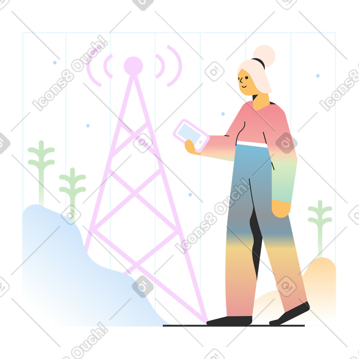 Woman with phone next to cell tower illustration in PNG, SVG