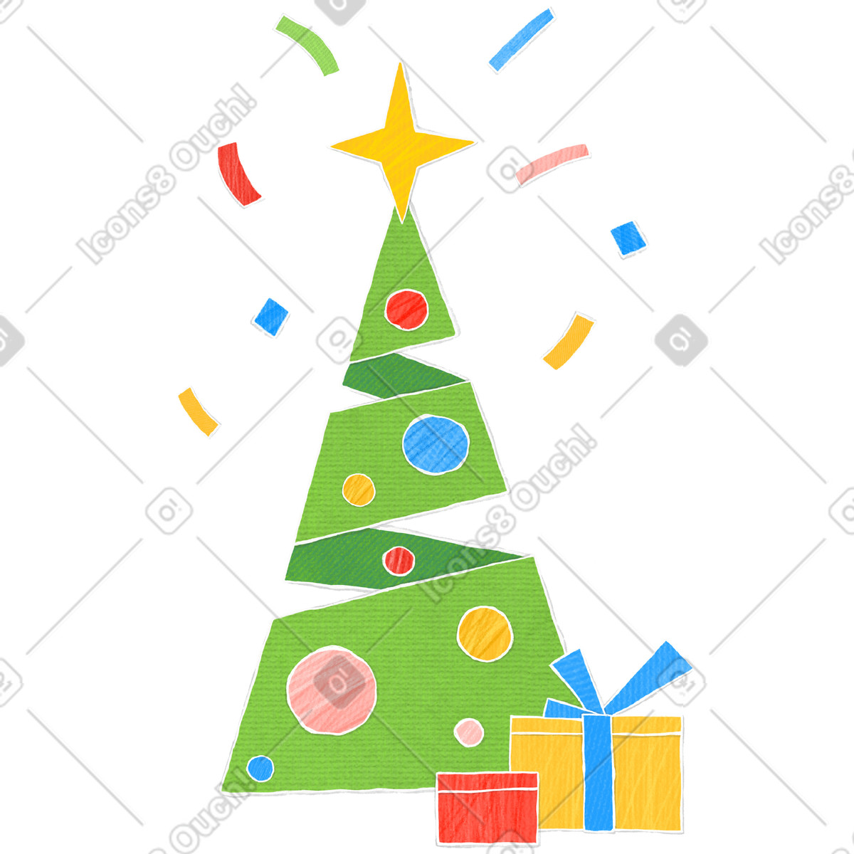Green christmas tree with baubles and confetti boxes of presents illustration in Crafty style download in PNG, SVG