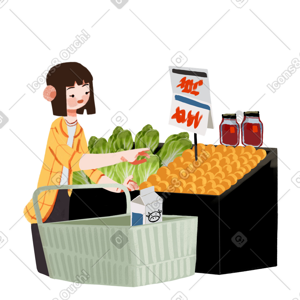 Ragazza con carrello della spesa al supermercato illustrazione in stile Ikigai scarica in PNG, SVG