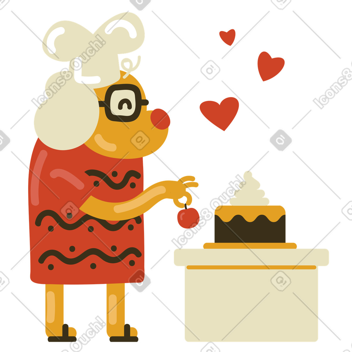 Illustration Vieille dame mettant une cerise sur le gâteau dans style Arabica à télécharger aux formats PNG, SVG