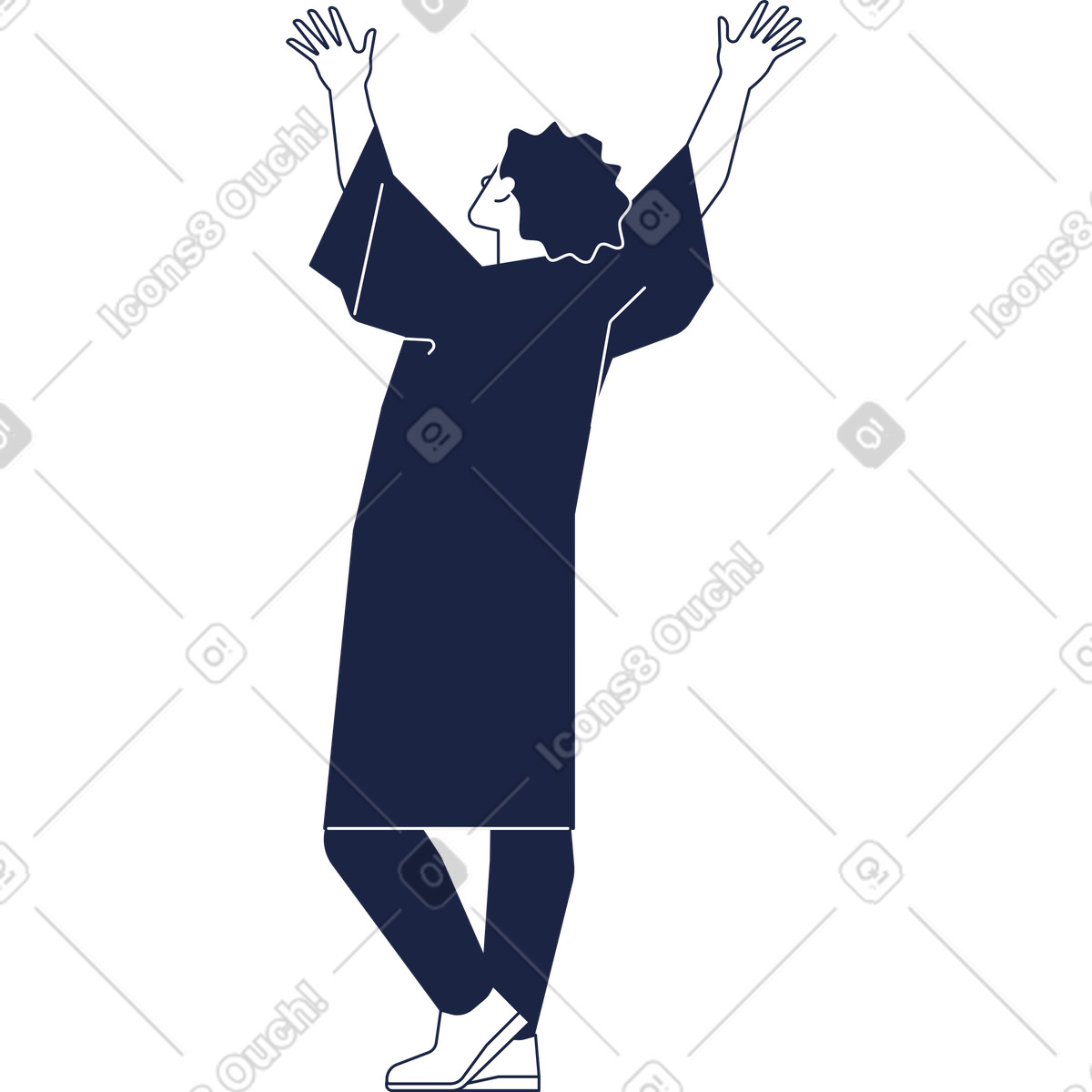Illustration Diplômé en robe se tient les mains levées dans le style Urban Line à télécharger aux formats PNG, SVG