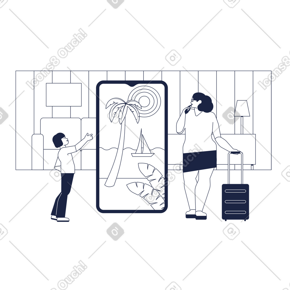 Mom and daughter looking at display showing seaside resort illustration in Urban Line style download in PNG, SVG
