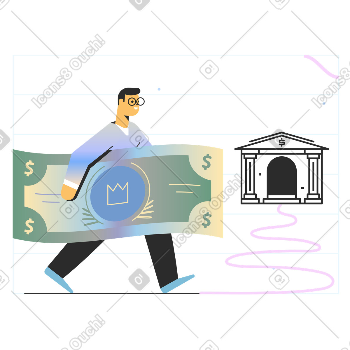 下载 Marginalia 风格的 男人把他的积蓄带到银行 插画，支持 PNG、SVG 格式