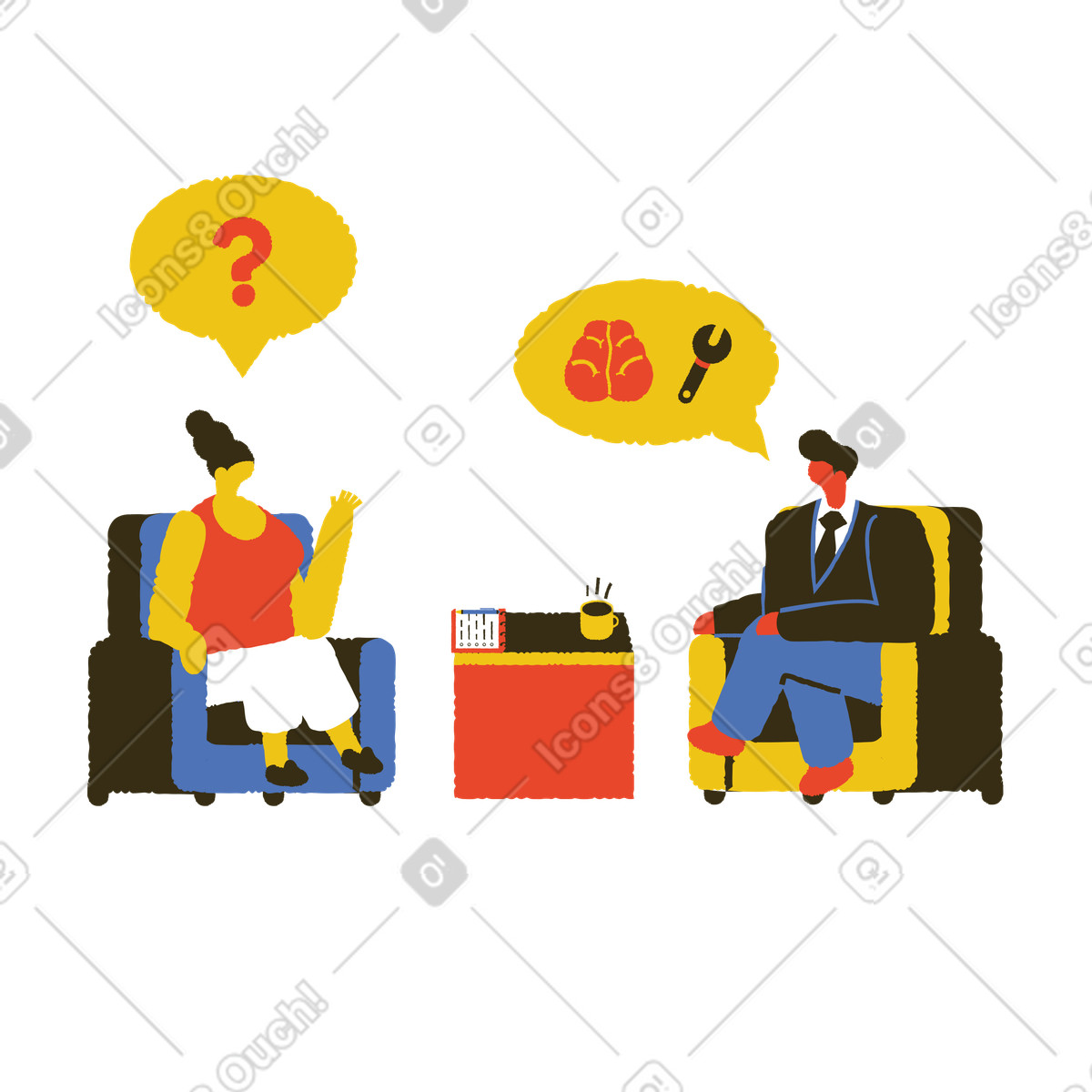 Ilustración Psicólogo y paciente en una sesión de psicoterapia estilo Bermuda a descargar PNG SVG