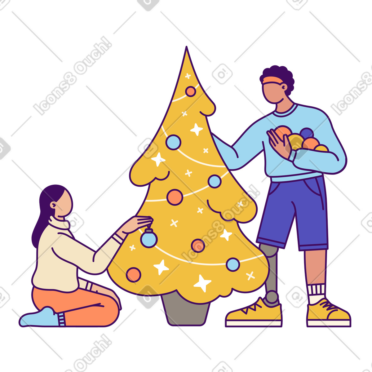 Simplistic 스타일의 Couple decorating festive tree with ornaments, Holiday celebration preparation 일러스트레이션 PNG, SVG 다운로드