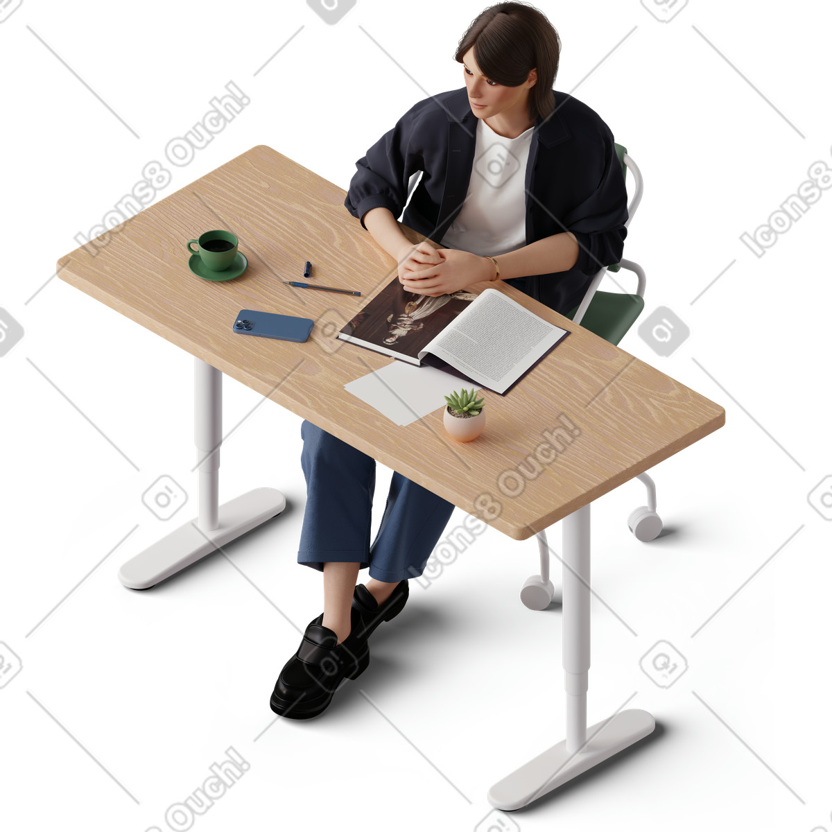 Isometric view of young girl sitting at the table illustration in 3D Hygge style download in PNG, SVG