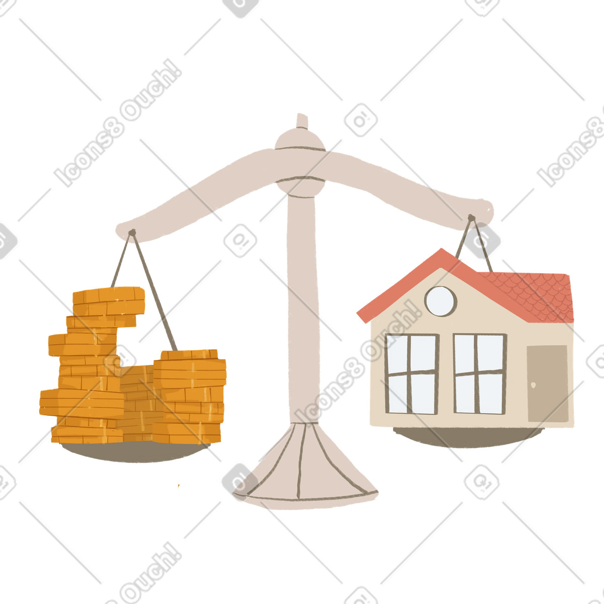 Illustration Scale with house and golden coins dans le style Lumiere à télécharger aux formats PNG, SVG