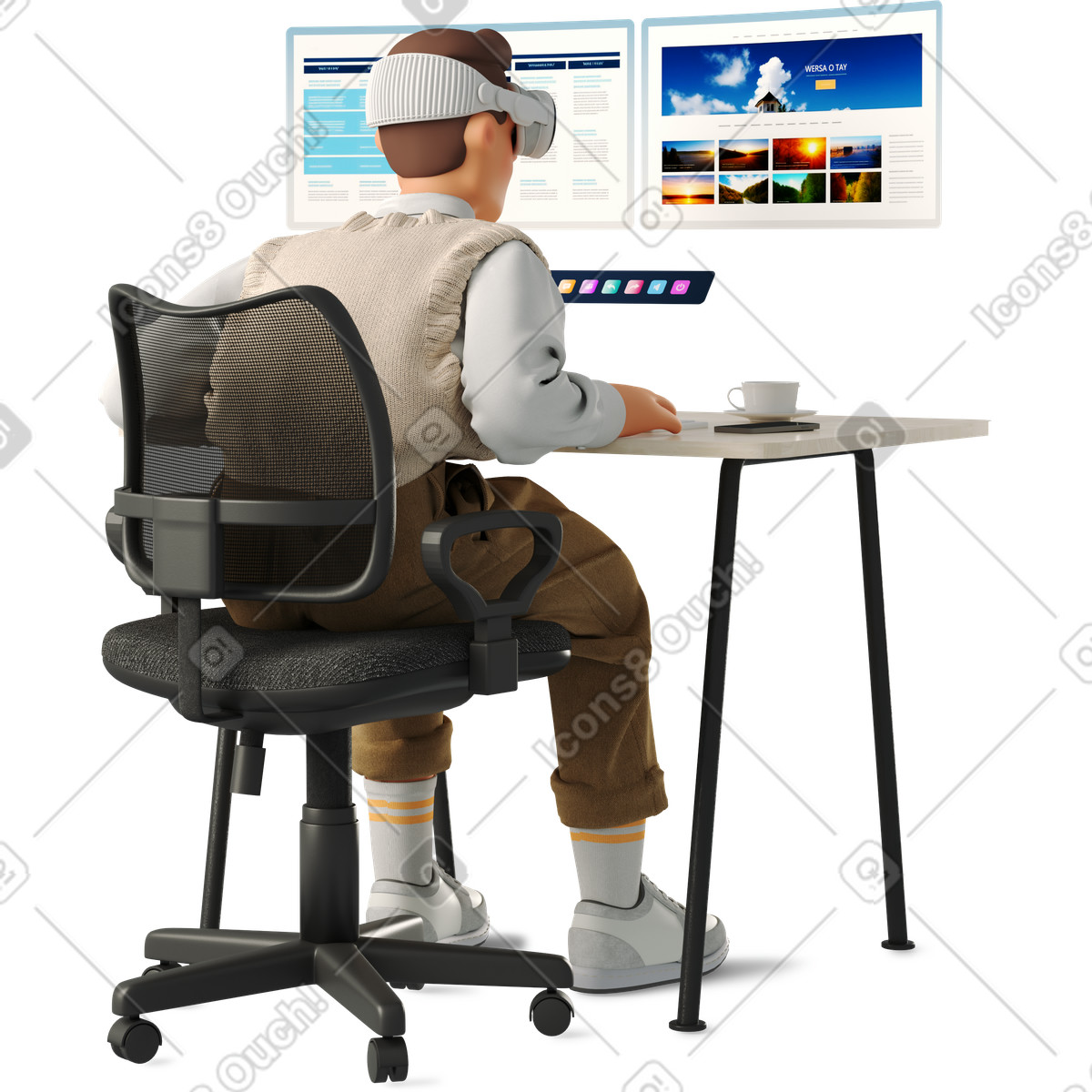 Ilustración Man wearing vr glasses at his desk en estilo 3D Business a descargar en PNG y SVG