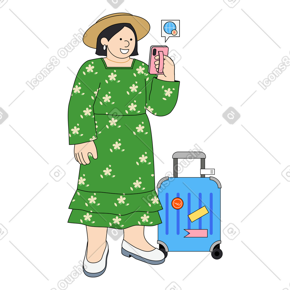 Donna che usa internet durante il roaming illustrazione in stile Kindy scarica in PNG, SVG