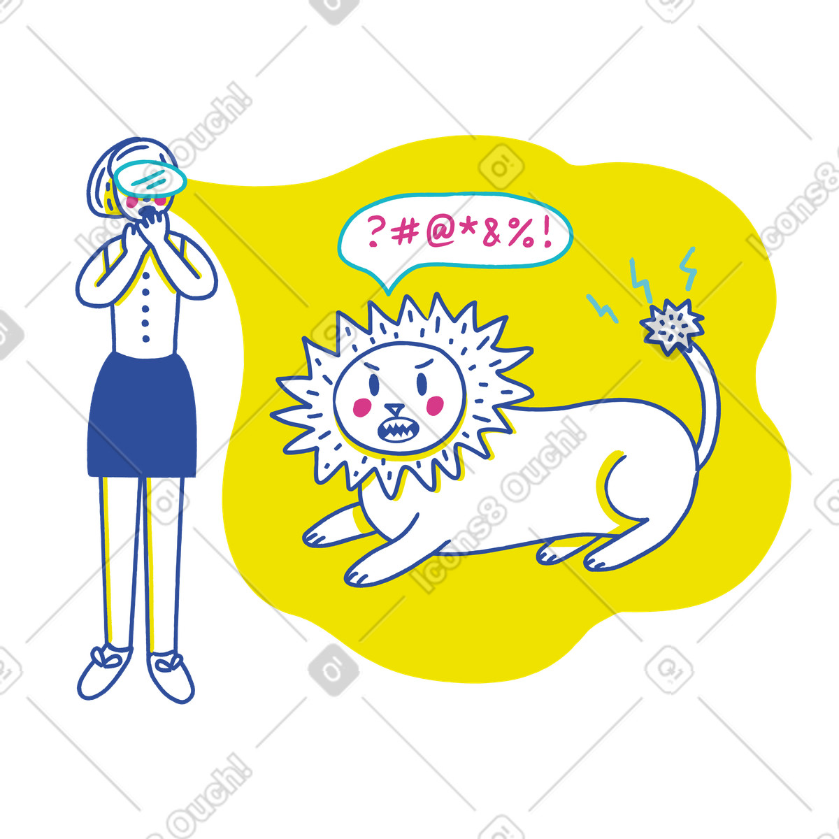 Ilustración Mujer mirando a un león enojado en realidad virtual estilo Lime descargar PNG y SVG