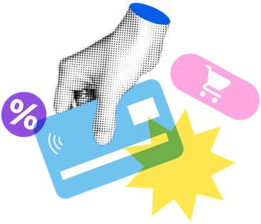 A hand holding a credit card with shopping icons - Print style illustration