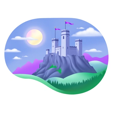 A fantasy illustration of a large, majestic castle positioned atop a rugged mountain. The castle features tall towers with flags fluttering in the breeze. In the background, a glowing full moon illuminates the night sky, casting a silvery light over the scene. Surrounding the mountain are scattered, fluffy clouds that reflect the moonlight. The landscape below the mountain includes rolling hills and a dense forest, enhancing the sense of height and grandeur of the castle.