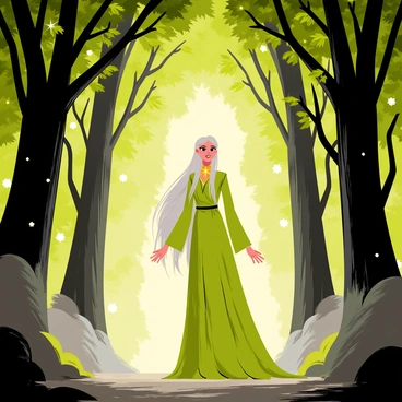 Galadriel stands protectively at the entrance of a dense, enchanting forest. She is depicted with long, flowing silver hair that cascades down her elegant gown, which shimmers in shades of green and gold. Her expression is determined, conveying strength and wisdom. A soft, glowing light surrounds her, creating a barrier against the encroaching darkness. The trees of the forest arch overhead, their leaves vibrant and rich in color, while shadows loom just beyond the entrance, signifying the threat she is guarding against. Ethereal wisps of light float around her, enhancing the magical atmosphere of the scene.