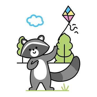A raccoon with a fluffy tail is standing on its hind legs in a park. It is holding onto a colorful kite string with its paws. The kite is shaped like a diamond and has vibrant colors like red, blue, and yellow. The raccoon's eyes are wide with excitement, and its ears are perked up, showing its joy. The sky is clear with a few fluffy clouds, and there are green trees in the background. The grass is lush and swaying gently in the breeze.