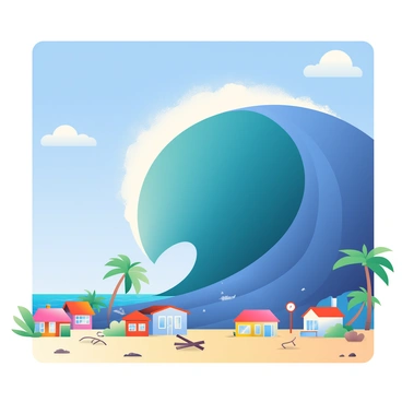 A massive wave is towering above a small coastal town, showcasing the raw power of a tsunami. The wave is a deep blue color with white frothy crests at the top. Below the wave, colorful houses with red and blue roofs are nestled along the shore, their windows reflecting the intense sunlight. The beach is sandy, and fragments of driftwood are scattered along the shoreline. In the background, a bright blue sky is dotted with fluffy white clouds, adding contrast to the scene. A few palm trees sway gently in the wind, bending slightly away from the impending wave.
