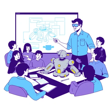 An engineer stands confidently at the front of a brightly lit room, surrounded by an intrigued audience. The engineer is wearing a blue shirt and safety goggles, focused on a partially assembled robot on the table in front of them. The robot has metallic silver parts and bright yellow accents. The audience, a mix of adults and children, leans forward with expressions of curiosity and excitement. Some hold notebooks and pens, ready to take notes. Behind the engineer, a large white projector screen displays a diagram of the robot assembly process, highlighting various steps in clear detail. The atmosphere is filled with anticipation and engagement as the engineer gestures towards the robot with one hand while holding a wrench in the other.