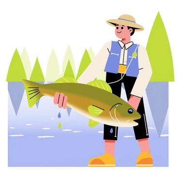 An angler wearing a blue fishing vest and a wide-brimmed hat is standing beside a calm lake. The angler is carefully holding a smallmouth bass, which is shimmering with shades of brown and green. The fish is suspended above the water, with droplets glistening as they fall. In the background, there are lush green trees reflecting off the surface of the water, creating a serene environment. The angler’s expression shows concentration and care as they prepare to gently release the fish back into the lake.