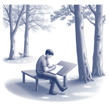 An artist is seated on a wooden bench in a park. The artist is focused on sketching in a large notebook, using a charcoal pencil. The surrounding nature includes tall trees with detailed bark textures and sprawling green grass underneath. Sunlight filters through the leaves, casting dappled patterns on the ground. A few birds can be seen perched on branches nearby. The scene conveys a sense of tranquility as the artist immerses themselves in their work.