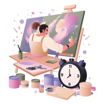 A digital flat illustration depicting an artist in the midst of creating a vivid painting on a large canvas. The artist is a middle-aged woman with curly brown hair tied back in a ponytail, wearing a paint-splattered apron over a white shirt. Her focused expression conveys intense determination. In the foreground, a countdown clock is prominently featured on a wooden table, displaying the time in large, bold numbers. Surrounding the artist are various tubes of paint in bright colors, paintbrushes, and a palette. The canvas displays an abstract composition filled with swirling colors and dynamic shapes. The background is filled with splashes of paint and art supplies, emphasizing the chaotic atmosphere of creativity.