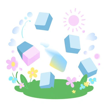 Small creatures with bodies made from vibrant keyboard keycaps are frolicking in a lush green field. The creatures have various shapes and sizes, each adorned with an assortment of brightly colored keycaps that form their whimsical bodies. Around them, the field is filled with delicate wildflowers in shades of pink, yellow, and blue, adding to the cheerful atmosphere. The sun shines down, casting a soft light over the scene, enhancing the vivid colors of the keycap bodies and the surrounding flora. Some of the creatures are bouncing playfully, while others are interacting with the flowers, creating a lively and joyful scene.