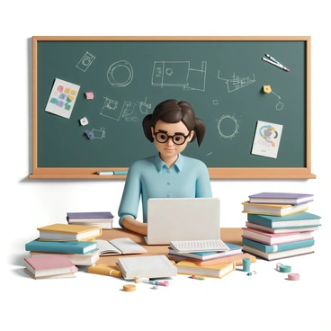 A teacher, wearing glasses and a light blue blouse, is sitting at a wooden desk cluttered with various colorful books and stationery. She has a focused expression as she uses a laptop to create an illustrated syllabus. Surrounding her are stacks of books in different sizes, some opened to show colorful illustrations. A few art supplies, like markers and sticky notes, are scattered across the desk. The background features a large blackboard filled with handwritten notes and diagrams, adding an academic atmosphere to the scene.