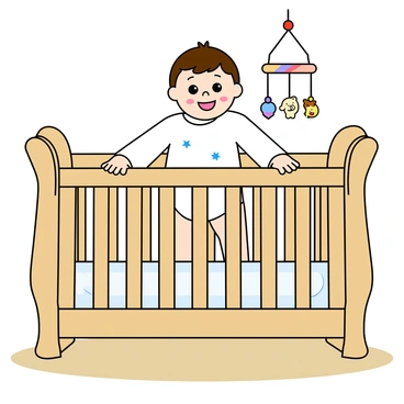 An infant with soft, light skin and wispy brown hair is standing up in a wooden crib. The crib has rounded edges and is painted a light pastel color. The baby has large, bright eyes filled with curiosity, peering over the edge. The edges of the crib are adorned with colorful animal-themed decals. The infant is wearing a cute white onesie with small blue stars printed on it. The background features a softly colored nursery with a plush rug and a colorful mobile hanging above the crib.
