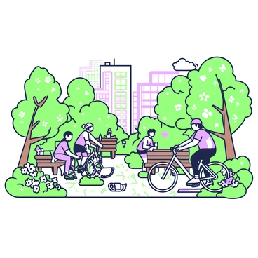 A hidden city garden is nestled between tall buildings, providing a tranquil escape for cyclists. In the center, there are several benches made of wood, each surrounded by blooming flowers in various shapes and sizes. Cyclists are resting on the benches, some sipping water from bottles while others check their bikes. Lush greenery surrounds the garden, with vibrant leaves creating a natural canopy overhead. Pathways made of stone lead through the garden, winding between patches of colorful flowers. Overhead, a gentle breeze rustles the leaves, and sunlight filters through, casting soft shadows on the ground.