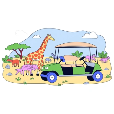 A golf cart with a green and beige color scheme. The cart has a simple design with two seats and a canopy overhead. It is parked on a rugged terrain dotted with patches of tall grass and small rocks. In the background, there are various wildlife animals, including a giraffe with a long neck grazing on the nearby trees and a herd of zebras walking across the landscape. The sky is clear with a few fluffy clouds scattered throughout.