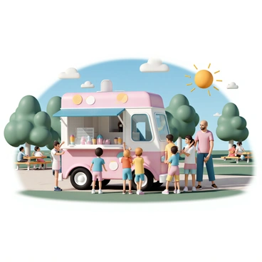 An ice cream truck, painted in bright colors with images of ice cream cones, is parked in a lively park under the clear blue sky. The sun is shining down as a group of children, wearing colorful t-shirts and shorts, are eagerly lining up in front of the truck. Some children are pointing at the variety of ice cream flavors displayed in the window, while others are holding small change in their hands. A couple of parents are nearby, smiling and chatting. In the background, there are green trees and picnic tables filled with families enjoying their day in the park.