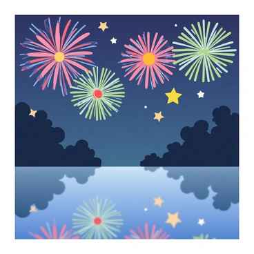 A night sky is filled with vibrant bursts of colorful fireworks. The fireworks explode in various shapes, including stars and spirals, illuminating the dark backdrop with shades of red, blue, green, and yellow. Below the sky, silhouettes of trees are visible, framing the lower part of the scene. The reflections of the fireworks can be seen in a calm lake, creating a mesmerizing pattern on the water's surface.