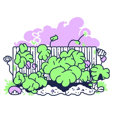 A garden filled with wilted plants scattered throughout. The plants have drooping leaves and their colors appear muted. In the background, there is a cloudy sky with heavy gray clouds obstructing any sunlight. Among the plants, a few remnants of flowers can be seen, their petals faded and curled. The garden is enclosed by a rustic wooden fence, and patches of dry soil are visible around the roots of the plants. A gentle breeze rustles the leaves, adding a sense of motion to the otherwise still scene.