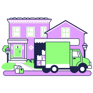 A moving truck is parked in front of a new home, illuminated by the soft glow of nearby streetlights. The truck is large with an open back, visible packing boxes stacked neatly inside. The house is two stories with a welcoming porch and a front yard that features small shrubs and a stone pathway leading to the door. The night sky is dark, and the streetlights cast long shadows across the driveway. A few cardboard boxes are scattered near the front of the truck, ready to be unloaded.