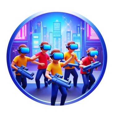 A group of players wearing futuristic VR headsets are fully engaged in an action-packed virtual reality game. The scene is set in a vibrant cyberpunk world filled with neon lights and towering skyscrapers. The players are surrounded by holographic displays and futuristic weaponry. Each player is in a dynamic pose, exhibiting excitement and concentration as they interact with the digital environment. The colors are bright and vivid, highlighting the high-tech atmosphere of the game.