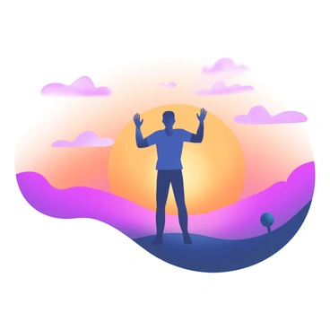 A silhouette of a male figure stands tall against a vibrant sunset sky. The figure is positioned in the center, with arms slightly raised as if embracing the moment. The sunset sky is filled with a gradient of warm colors, including shades of orange, pink, and purple, seamlessly blending into one another. Wispy clouds are scattered across the sky, catching the colors of the sunset. The ground below is dark, creating a stark contrast with the bright sky, emphasizing the silhouette of the figure.