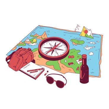 A duotone mat features a detailed "compass" at the center, skillfully designed with intricate markings and a prominent needle pointing north. Surrounding the compass, there is an expansive "map" that showcases various terrains and landmarks, filled with colorful icons representing different travel destinations. Scattered around the map are essential "travel items," including a pair of "sunglasses," a "notebook" with a pen, a small "backpack," and a "water bottle." These items are arranged aesthetically, emphasizing the theme of adventure and exploration for the wanderlust spirit.