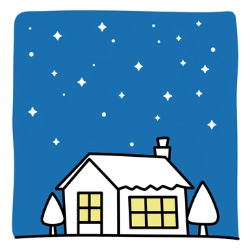 A night sky filled with numerous stars scattered across a deep blue canvas. The stars are twinkling brightly against the darkness. Below, a cozy cottage stands with a thatched roof. The windows of the cottage emit a warm yellow glow, suggesting a welcoming interior. The walls of the cottage are made of rustic stone, and a small chimney is visible, hinting at a fire inside. A few trees are positioned near the cottage, their silhouettes softly outlined against the starry backdrop.