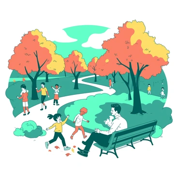 A teal park is filled with trees adorned with orange and yellow leaves, gently falling to the ground. Several people are walking along the winding paths, some holding hands while others are taking photos. A child is laughing and jumping into a pile of leaves, while a couple sits on a bench, smiling and enjoying the view. The sky is clear, creating a bright atmosphere that highlights the vibrant colors of the autumn foliage.