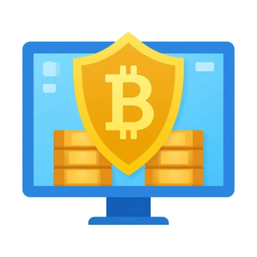 A digital shield overlaying stacks of bitcoins displayed on a computer screen.