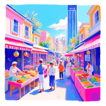 A vibrant local market scene is filled with various vendors selling fresh produce, colorful fruits, and vegetables laid out on wooden tables. Shoppers are interacting with the vendors, examining the goods. Brightly colored textiles and handmade crafts are displayed along the stalls. In the background, "Landmark 81," a tall and modern skyscraper, rises prominently against the sky, providing a striking contrast to the bustling market atmosphere. The scene is lively, with people milling about, enjoying the local culture and community vibe.