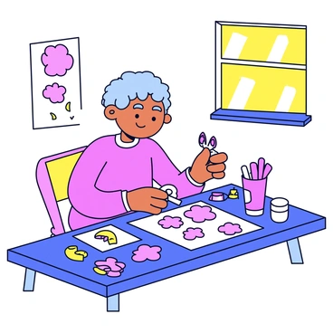 A child is sitting at a vibrant art table filled with various art supplies. The table has colorful sheets of paper scattered around, including pink and white paper representing cherry blossoms. The child is focused on crafting a cherry blossom paper collage, using scissors and glue. In the child's hands, there are small cut-out shapes of cherry blossom petals. The background includes a window with sunlight streaming in, illuminating the bustling colors of the creative space.