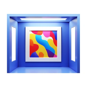 A digital art piece featuring vibrant, abstract patterns and colors. The artwork displays a mix of geometric shapes and fluid forms, creating a visually striking composition. It is set against a sleek, modern background that reflects the innovative nature of the virtual gallery. The piece is illuminated with soft lights, highlighting its contours and textures. There are virtual frames surrounding the artwork, enhancing its presence in the gallery space.