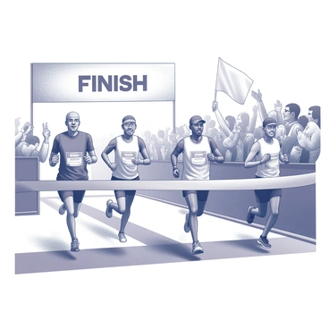 Runners crossing the finish line of a summer marathon with a banner and cheering crowds.