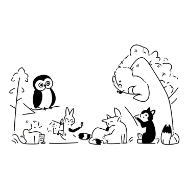 A group of animals is gathered in a forest clearing, each sitting comfortably on the ground. A wise-looking owl with large eyes is perched on a low branch, holding a tiny book in its talons, with its head tilted in concentration. A curious rabbit is sitting upright, with its ears perked up, engrossed in a miniature book resting on its lap. Nearby, a fox is lying on its belly, propping its chin up with its paws, as it flips through the pages of a small book. A deer stands close by, bending its neck to inspect a book held in its front hooves, while a raccoon sits on a rock with a book open, using its claws to point at the text. Surrounding them are lush green trees and soft patches of grass, creating a serene atmosphere.