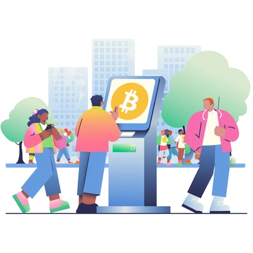 A bitcoin ATM machine is prominently placed on a bustling street corner. The ATM is sleek and modern, displaying a bright screen with the bitcoin logo. In front of the machine, a young man with dark hair is intently using the touchscreen, tapping on the interface. To the left, a woman with curly hair is standing with her phone in hand, glancing at the screen of the ATM. Around them, various pedestrians are walking by, showcasing a mix of casual clothing and accessories. There are tall buildings in the background, and a few trees are lining the street, adding to the urban scene. The atmosphere is lively, with a sense of activity and movement surrounding the bitcoin ATM.