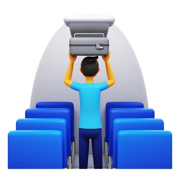 A passenger with short black hair wearing a casual blue shirt is stowing a gray suitcase in the airplane's overhead compartment. The airplane interior is visible, featuring rows of blue fabric seats and an aisle leading to the front. The passenger is standing on tiptoe, reaching up to place the suitcase securely above. The overhead compartment is open, revealing the suitcase and some space for additional luggage. Soft lighting from the overhead cabin illuminates the scene.