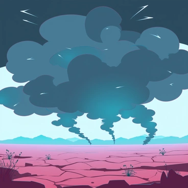 A dramatic scene featuring dark storm clouds swirling ominously in the sky. The clouds exhibit a deep gray color, with hints of black and blue, creating a sense of impending turmoil. Below, the barren landscape stretches out, characterized by cracked earth and sparse, dry vegetation. Occasional gusts of wind send dust swirling into the air, and the overall atmosphere conveys a feeling of tension and anticipation of a storm.